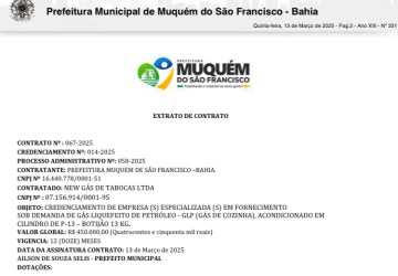 Empresa que tem como sócio ex-prefeito de Tabocas do Brejo Velho, poderá receber até 450 mil reais para fornecimento de gás de cozinha para o município de Muquem do São Francisco 