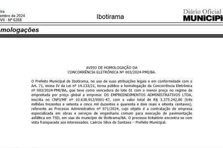 Empresa de vice prefeito eleito em Oliveira dos Brejinhos receberá mais de 3 milhões de reais para realizar obras de pavimentação asfáltica em Ibotirama (BA)