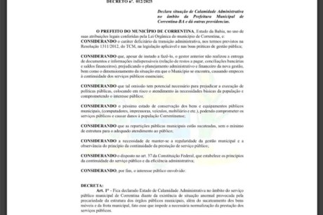 SITUAÇÃO DE CALAMIDADE ADMINISTRATIVA É DECRETADA PELO PREFEITO WALTER MARIANO.