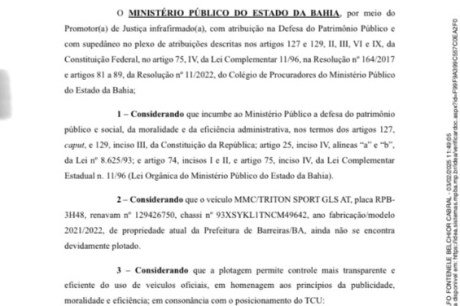 MP recomenda identificação de veículo oficial do Município de Barreiras