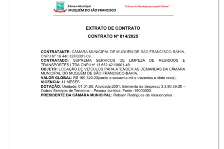 Câmara de vereadores de Muquem do São Francisco aluga dois veículos por mais de R$ 160 mil com empresa investigada pela PF por suspeita de fraude em licitação no município de Sebastião Laranjeiras