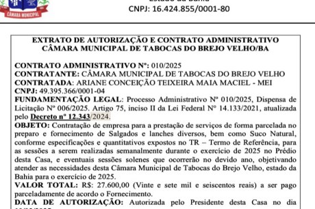 Câmara municipal de Tabocas do Brejo Velho prevê gasto de R$ 27,6 mil reais com lanches e salgados