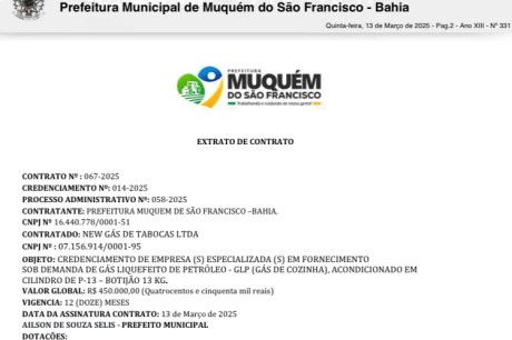 Empresa que tem como sócio ex-prefeito de Tabocas do Brejo Velho, poderá receber até 450 mil reais para fornecimento de gás de cozinha para o município de Muquem do São Francisco 